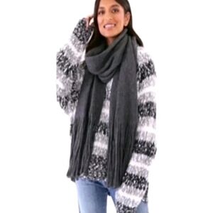 Lucky Brand Fringed Long Wide Wrap Scarf Dark Gray Knit Oversized 64" Boho Nwt